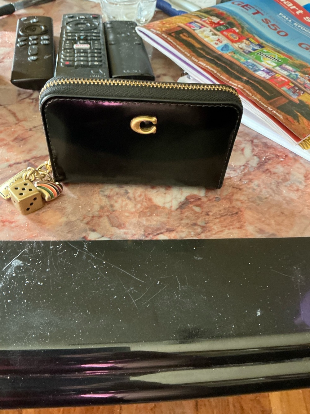 Coach Black Spazzolato Leather Zip Around Card Case With Charms